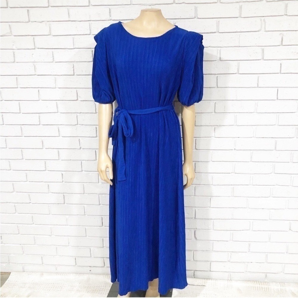 River Island Royal Blue Pleated Puff Sleeve Midi Dress Belted NWT Sz 12